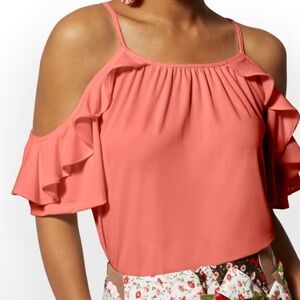 Coral Ruffled Cold-Shoulder Top - 7th Avenue